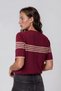 Women's Crew Neck Short Sleeve Striped Knit Blouse 25111 Burgundy-Beige - 7