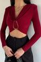 Women's V-Neck Gathered Crop Top Blouse with Gold Buckle Detail - 2