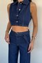 Women's Waist Belted Jean Denim Trousers Vest Two-Piece Set - 4