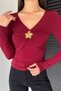 Women's V-Neck Lycra Blouse with Gold Buckle Detail - 3