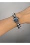 Pearl Detailed Oval Dial Vintage Women's Wristwatch - Silver Color & Blue