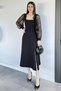 Women's Square Neckline, Sleeves, Laced Waist, Belted Evening Dress