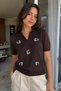 Gülseli Women's Polo Collar Floral Embroidered Knitwear Blouse