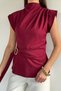Women's Stand Collar Blouse with Draped Waist and Shoulder Belt Detail - 2