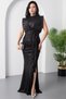 Stand Collar Slit Belted Sequin Dress 39941 - 3