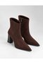 Brown Suede Women's Pointed Toe Thick Heeled Zippered Ankle Boots - 4