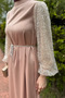 Satin Evening Dress with Laced Sleeves and Stones at the Waist, Lace-Up Hijab Dress - 3
