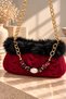 Famels Hand Knitted Fur Detailed Beaded Handle Quality and Elegant Handbag, Women's Shoulder Bag Evening Dress Bag - 3