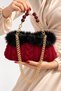 Famels Hand Knitted Fur Detailed Beaded Handle Quality and Elegant Handbag, Women's Shoulder Bag Evening Dress Bag - 2
