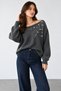Women's Anthracite Boat Neck Embroidered Stone Detailed Sweater - 4