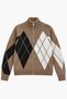 Women's Brown Ecru Bitter Brown Diamond Patterned Zippered High Collar Soft Textured Knitwear Cardigan