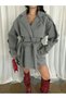 Oversize Short Checked Coat with Belt and Lining - 2