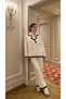 Beige, Black, and White Stylish Women's Suit with Buckle Detail - 3