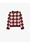 Buttoned Bowknot Long Sleeve Crew Neck Argyle Patterned Knitwear Cardigan - 3