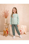 Girls & Baby Winter Seasonal 100% Cotton 2 Yarn Unicorns Printed Ribbed Long Sleeve Home Wear Pajamas & Tracksuit Set Green