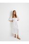 Long Scalloped Dress with Balloon Sleeves, Deep-Cut Neckline and Buttons