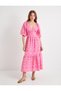 Long Scalloped Dress with Balloon Sleeves, Deep Neckline and Buttons - 3