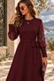 Women S Long Sleeve Crewneck Midi Waffle Dress with Lace Sleeve Detail and Waist Belt - Romantic Touch and Timeless Elegance - 3