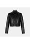 Women's Black Shirt Collar Zippered Crop Leather Jacket