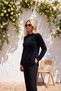 Women's black plush faux fur trim crew neck slit sweater - 3