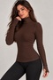 Women's Turtleneck High Neck Finger-Loop Ultra Soft Ribbed Flexible Slim Fit Basic Brown Sweater Blouse Body