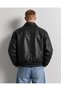 Men's Black Stand Collar Pocket Bomber Leather Jacket - 4