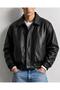 Men's Black Stand Collar Pocket Bomber Leather Jacket - 2