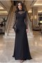 High Collar Beyoğlu Stone Detailed Tulle Sleeves Slitless Fishnet Evening Dress - 3