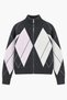 Women's Anthracite Pink Ecru Diamond Patterned Zippered High Collar Soft Textured Knitwear Cardigan