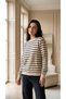 Women's Basic Navy Blue Striped Long Sleeve Cotton Sweatshirt - 5