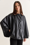Women's Black Velvet Collar Double-Buttoned Lined Oversized Faux Leather Poncho 1160 60286761 - 5