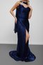 Navy Blue Strapless Draped Chiffon Fabric Evening Dress with Scarf - 6