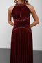 Burgundy Halter Neck Stone Embellished Pleated Chiffon Evening Dress - 5