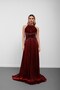 Burgundy Halter Neck Stone Embellished Pleated Chiffon Evening Dress