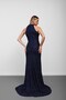 Navy Blue Halter Neck Sequined Ruched Evening Dress - 7