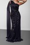 Navy blue one shoulder cape detailed tulle evening dress - 6