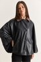 Women's Black Velvet Collar Double-Buttoned Lined Oversized Faux Leather Poncho 1160 60286761 - 3