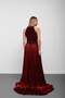 Burgundy Halter Neck Stone Embellished Pleated Chiffon Evening Dress - 7
