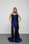 Navy Blue Strapless Draped Chiffon Fabric Evening Dress with Scarf