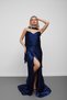 Navy Blue Strapless Draped Chiffon Fabric Evening Dress with Scarf - 4