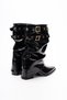 Black Shiny Buckle Studded Drawstring Boots - Pointed Toe Low Heel Women's Bootie - 2