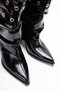 Black Shiny Buckle Studded Drawstring Boots - Pointed Toe Low Heel Women's Bootie - 3
