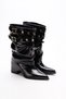 Black Wrinkled Patent Leather Pointed Toe Buckle Drawstring Women's Boots