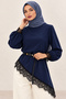Women's Long Sleeve Crew Neck Asymmetrical Lace Detailed Long Imported Crepe Tunic - Islamic Elegance and Graceful Posture Without Belt