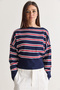 Women's Navy Blue Striped Boat Neck Off-Shoulder Oversized Knit Sweater 60286767 - 2