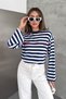 Women's Striped Crew Neck Long Sleeve Oversize Sweatshirt - 6