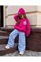 Dark Pink Hot Choc Printed-Blue White Checkered Bottom Girls' 3 Thread Tracksuit Set 2 Years-8 Years