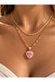 Double Combination Necklace Pink Heart Zircon Stone Sparkling Glittering Steel Jewelry