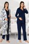 Women's Navy Blue Buttoned Lace Detailed Design Long Sleeve Maternity Pajama Set 3-Piece Set - 2