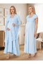 New Season Blue Summer Premium Lace Detailed Design Buttoned Princess Sleeves 100% Cotton Maternity Dressing Gown Nightgown Set - 4
